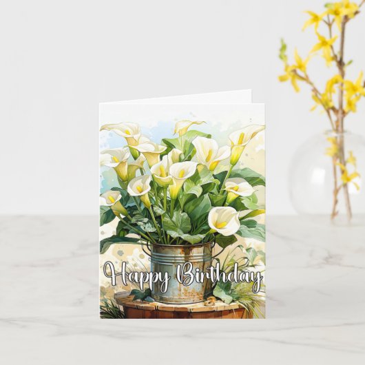 Gelukkige Verjaardag Potted Blooming Calla Lelies Kaart (Gele Bloem)