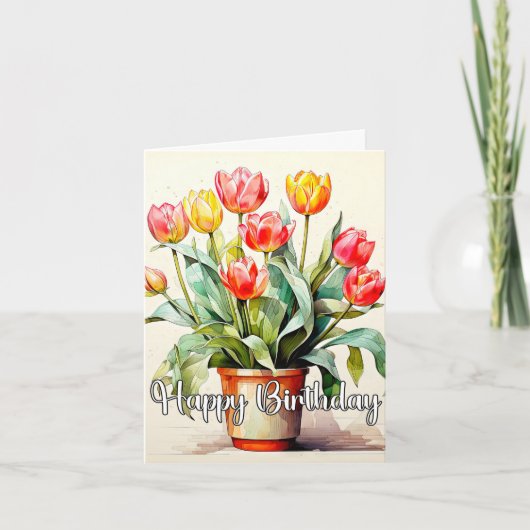 Gelukkige Verjaardag Potted Blooming Tulip Flowers Kaart (Voorkant)