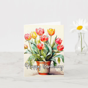 Gelukkige Verjaardag Potted Blooming Tulip Flowers Kaart