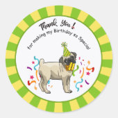 Gelukkige Verjaardag Pug Geel Groen Favor Ronde Sticker (Voorkant)
