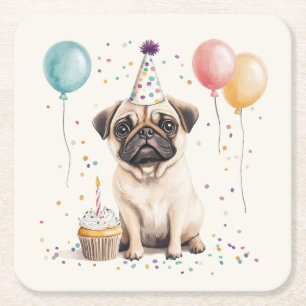 Gelukkige verjaardag Pug Hond Kartonnen Onderzetters