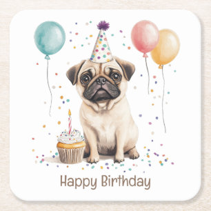 Gelukkige verjaardag Pug Hond Kartonnen Onderzetters