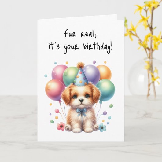 Gelukkige Verjaardag Puppy Woof Vieren Bont Echt Kaart (Gele Bloem)