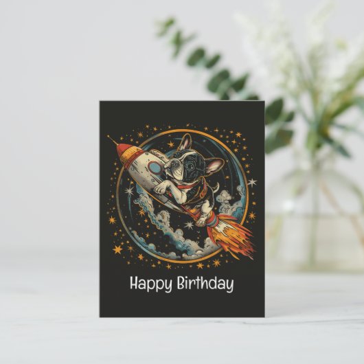 Gelukkige Verjaardag Raketschip Franse Bulldog Briefkaart (Staand voorkant)