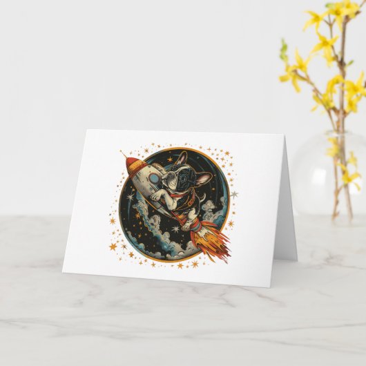 Gelukkige Verjaardag Raketschip Franse Bulldog Kaart (Gele Bloem)