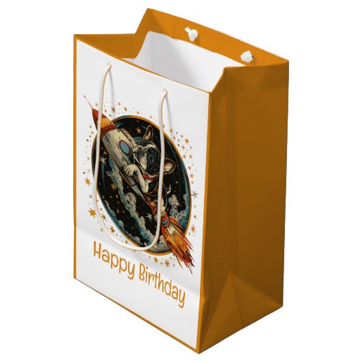 Gelukkige Verjaardag Raketschip Franse Bulldog Medium Cadeauzakje (Voorkant Gekanteld)