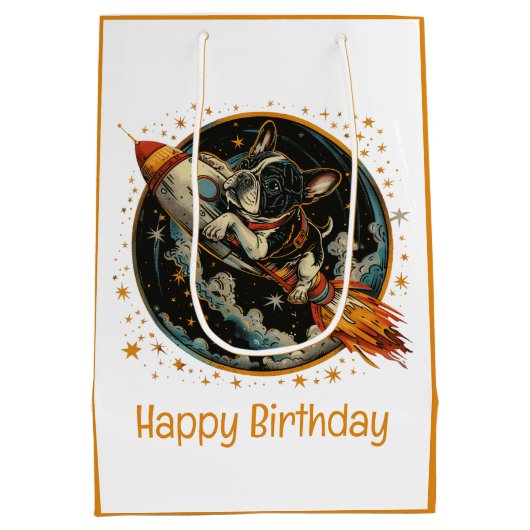 Gelukkige Verjaardag Raketschip Franse Bulldog Medium Cadeauzakje (Achterkant)
