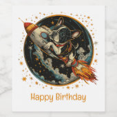 Gelukkige Verjaardag Raketschip Franse Bulldog Wijn Etiket (Enkel label)