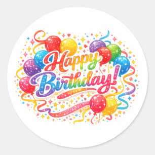 Gelukkige verjaardag Regenboog Ballonnen Confetti Ronde Sticker