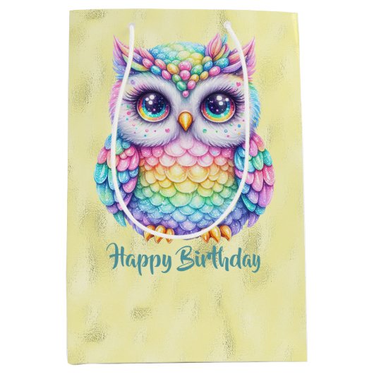 Gelukkige Verjaardag Regenboog Kleur Uil op Glanze Medium Cadeauzakje (Voorkant)