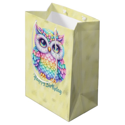 Gelukkige Verjaardag Regenboog Kleur Uil op Glanze Medium Cadeauzakje (Achterkant Gekanteld)