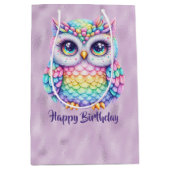 Gelukkige Verjaardag Regenboog Kleur Uil op Paarse Medium Cadeauzakje (Voorkant)
