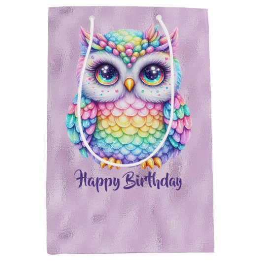 Gelukkige Verjaardag Regenboog Kleur Uil op Paarse Medium Cadeauzakje (Voorkant)
