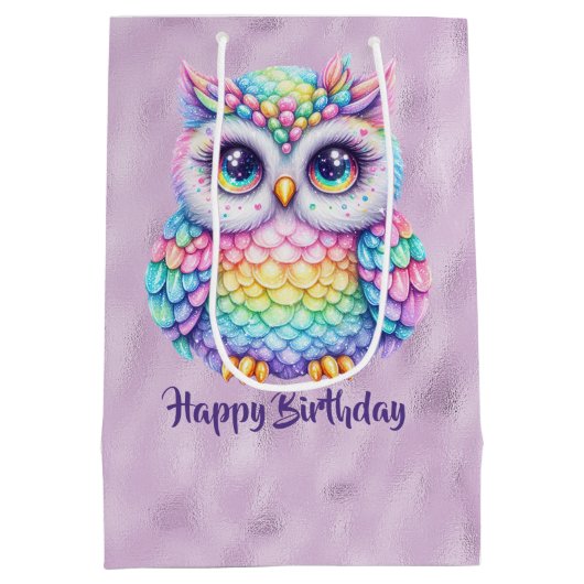 Gelukkige Verjaardag Regenboog Kleur Uil op Paarse Medium Cadeauzakje (Achterkant)
