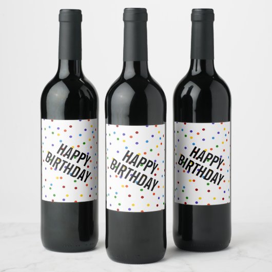 Gelukkige verjaardag regenboog witte polka dot wijn etiket (Flessen)