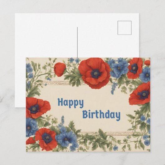Gelukkige Verjaardag Rode en Blauwe Poppy Bloemen Briefkaart (Voorkant / Achterkant)