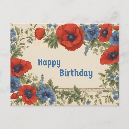 Gelukkige Verjaardag Rode en Blauwe Poppy Bloemen Briefkaart (Voorkant)