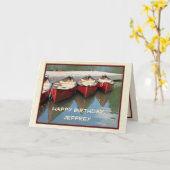 Gelukkige verjaardag, rode kano's, naam, groet kaart (Gele Bloem)