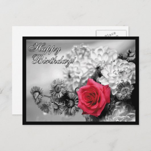 Gelukkige verjaardag! Rode roos met zwart en wit Briefkaart (Voorkant / Achterkant)