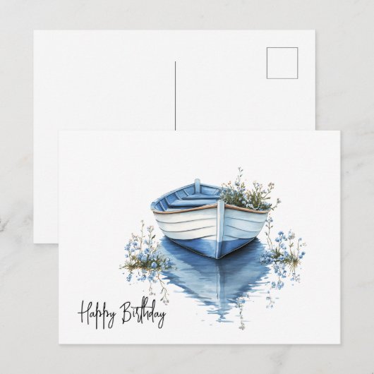 Gelukkige Verjaardag Rowboat Blauwe Bloemen Briefkaart (Voorkant / Achterkant)