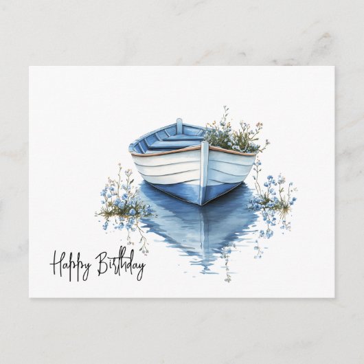 Gelukkige Verjaardag Rowboat Blauwe Bloemen Briefkaart (Voorkant)