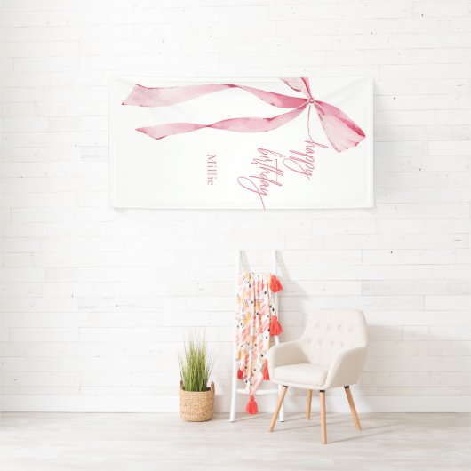 Gelukkige Verjaardag Roze Bow Baby Meisje 1e Verja Spandoek (Insitu)