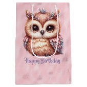 Gelukkige Verjaardag Roze Bruine Uil op Glanzend R Medium Cadeauzakje (Achterkant)