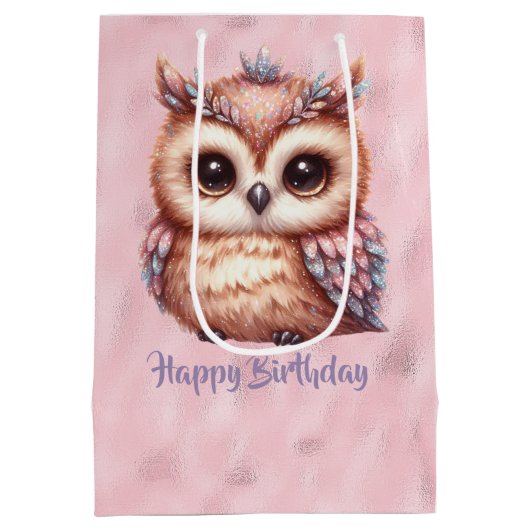 Gelukkige Verjaardag Roze Bruine Uil op Glanzend R Medium Cadeauzakje (Achterkant)