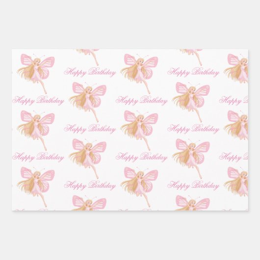 Gelukkige verjaardag roze fee patroon meisje schat inpakpapier vel (Voorkant)