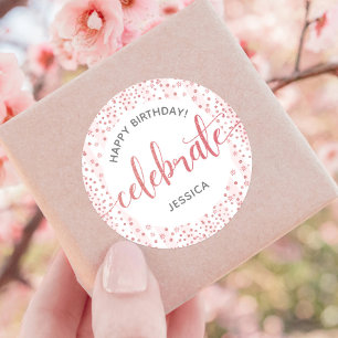 Gelukkige Verjaardag Roze Glitter Script Witte Str Ronde Sticker