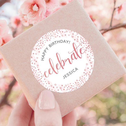Gelukkige Verjaardag Roze Glitter Script Witte Str Ronde Sticker