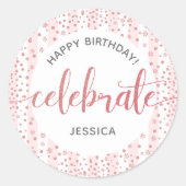 Gelukkige Verjaardag Roze Glitter Script Witte Str Ronde Sticker (Voorkant)