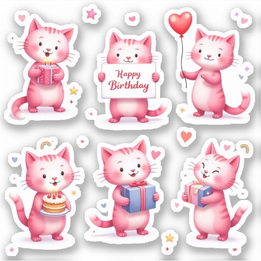 Gelukkige Verjaardag - Roze Katten - Cake Balloons Sticker (Voorkant)