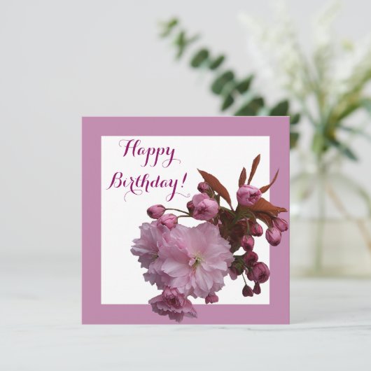 Gelukkige verjaardag  roze kersenbloesem bloemen feestdagenkaart (Staand voorkant)