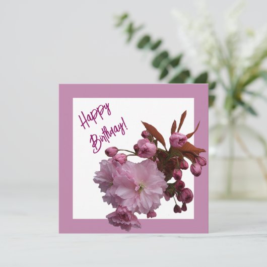 Gelukkige verjaardag roze kersenbloesem bloemen ku feestdagenkaart (Staand voorkant)