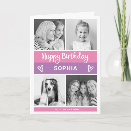 Gelukkige verjaardag | Roze kleurenblok Fotoraster Kaart (Voorkant)