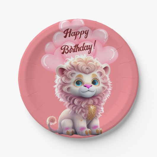 Gelukkige Verjaardag Roze Leeuw Papieren Bordje (Voorkant)