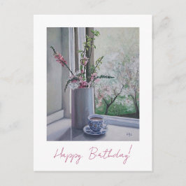 Gelukkige verjaardag  roze lentebloemen bloemenpra briefkaart