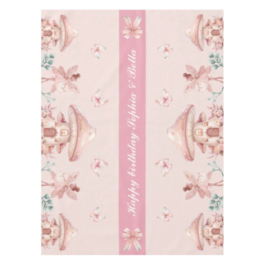 Gelukkige Verjaardag Roze Lint Meisjes Tweeling Ve Tafelkleed (Voorkant)