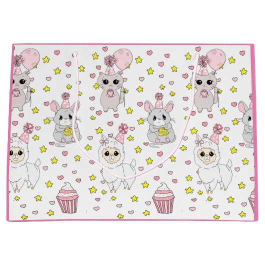 Gelukkige Verjaardag Roze Llama, Kittens en Muis Groot Cadeauzakje (Voorkant)