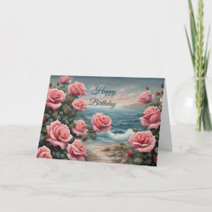 Gelukkige Verjaardag Roze Rozen aan de Oceaan Kaart