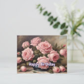 Gelukkige Verjaardag Roze Rozen in Vaas Briefkaart (Staand voorkant)