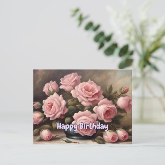 Gelukkige Verjaardag Roze Rozen in Vaas Briefkaart (Staand voorkant)