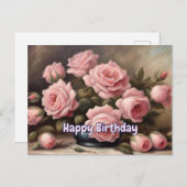 Gelukkige Verjaardag Roze Rozen in Vaas Briefkaart (Voorkant / Achterkant)
