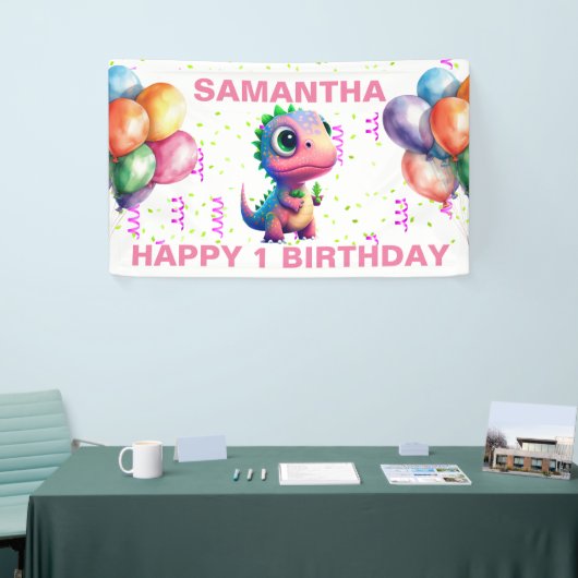 GELUKKIGE VERJAARDAG ROZE T REX Banner (Beurs)