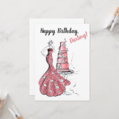 Gelukkige Verjaardag Roze Taart Mode Illustratie Kaart (Voorkant / Achterkant in situ)