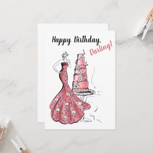 Gelukkige Verjaardag Roze Taart Mode Illustratie Kaart (Voorkant / Achterkant in situ)