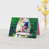 Gelukkige Verjaardag, roze tekst bulldog met tong  Kaart (Gele Bloem)