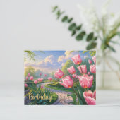 Gelukkige Verjaardag Roze Tulp Tuin in de Lente Briefkaart (Staand voorkant)