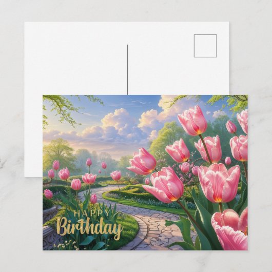 Gelukkige Verjaardag Roze Tulp Tuin in de Lente Briefkaart (Voorkant / Achterkant)
